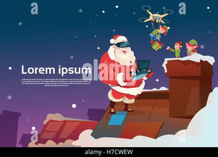 Santa Claus Wear Virtual Reality Brille Elfs auf Dach, Lieferung vorhanden, neue Jahr Weihnachten Urlaub flach Vektor Illustrati Drone Stock Vektor