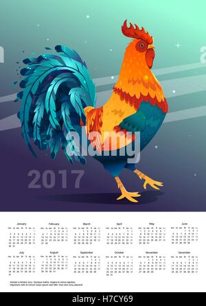 Kalender mit einem hellen Hahn. 2017 Kalenderwoche beginnt am Montag. Hahn-Symbol des Jahres 2017. Stock Vektor