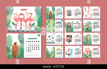 Kalender mit den Tropen. Kalender-Flamingo im Jahr 2017. Woche beginnt am Montag. Sommer-Kalender mit tropischen Blättern und Tieren. Stock Vektor