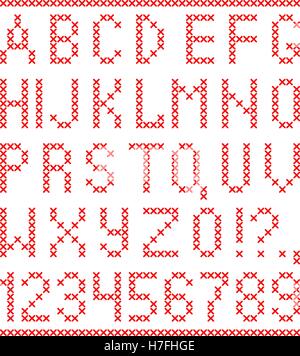 Bestickt von cross Stitch englische Alphabet mit Zahlen und Symbolen, die isoliert auf weißem Hintergrund. Stock Vektor