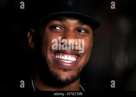 Anthony Joshua während einer Pressekonferenz im The Dorchester Hotel in London. Stockfoto