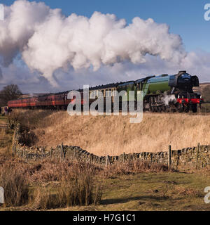 Blauer Himmel & legendären Zug (Dampflok, LNER-Klasse A3 60103 Flying Scotsman) Reisen auf Schienen - malerischen North Yorkshire Moors Railway, England, GB. Stockfoto