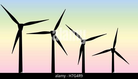 Windkraftanlagen in der Silhouette gegen einen Morgenhimmel Stock Vektor