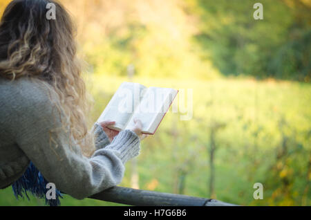Frau Lesebuch im park Stockfoto