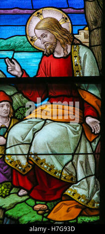 Glasmalerei-Fenster Darstellung Jesu Christi in der Kathedrale von Saint Rumbold in Mechelen, Belgien. Stockfoto