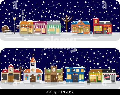 Kleinstadt Hauptstraße mit Geschäften, Kirche und öffentlichen Gebäuden im Winter. Alle Objekte werden gruppiert, Text auf separaten Ebene. Stock Vektor
