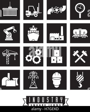 Sammlung von 16 qm Industrie thematische Vektor-Icons, in schwarze Quadrate negativ Stock Vektor