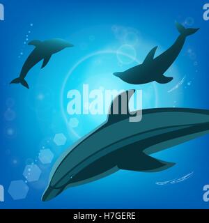Delfine unter Wasser - Meerestiere. Drei Dolphins silhouette schwimmen in hellen Strahlen der Sonnenschein. Stock Vektor