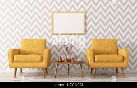 Wohnzimmer mit Couchtisch, zwei gelben Sesseln und Frame 3D-Rendering Innenministerium Stockfoto
