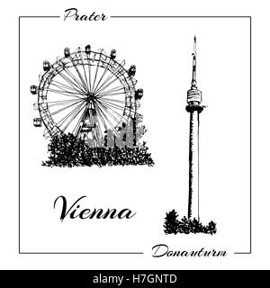 Wiener Prater und Donauturm. Handgezeichnete Skizze Vektorgrafik. kann verwendet werden, Werbung, Postkarten, Drucke Stockfoto