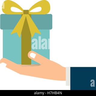 menschliche Hand halten einer blauen Geschenkbox mit gelben Band auf weißem Hintergrund. Vektor-illustration Stock Vektor