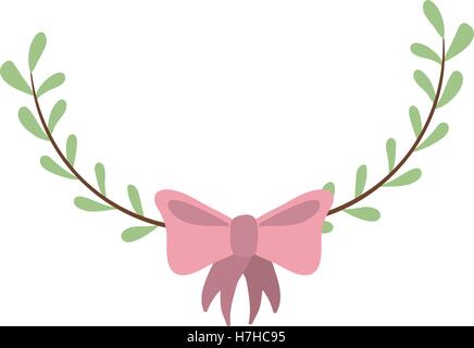 dekorativer Kranz mit ovalen grünen Blättern und rosa Schleife-Band-Symbol auf weißem Hintergrund. farbenfrohes Design. Vektor-illustration Stock Vektor