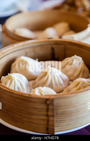 Traditionelle Suppe Knödel Xiao Long Bao ist eine beliebte chinesische Dim Sum in Bambus Dampfgarer gedünstet. Stockfoto