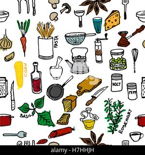 Nahtlose Muster zum Küchethema. Eine Vielzahl von Produkten, Geschirr, Haushaltsgeräte und Gewürze. Kochen, gesunde Ernährung. EPS Stock Vektor