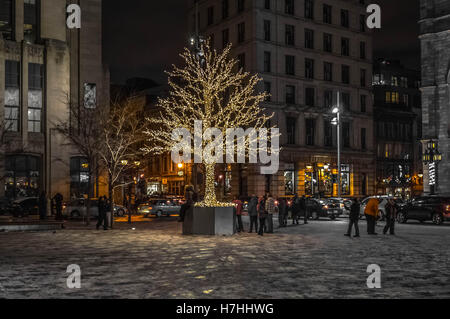 Baum zu Weihnachten über die katholische Kirche durch ein dekoratives Licht umgeben. Stockfoto