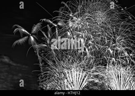 Nahaufnahme von schwarzen und weißen Feuerwerk am nächtlichen Himmel in der Nacht vom 31. Dezember zum 1. Januar. enge, horizontale view.i Stockfoto