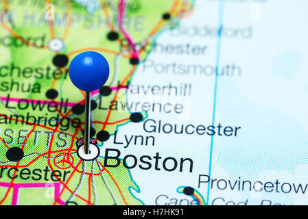 Boston, fixiert auf einer Karte von Massachusetts, USA Stockfoto