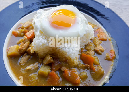 Indisches Essen: Rindfleisch mit Spiegelei auf den Reis in die Schüssel. horizontale Ansicht von oben. Stockfoto