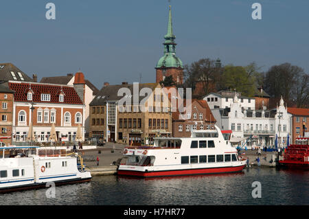 Hafen und die alte Stadt von Kappeln am Fluss Schlei, Schleswig-Holstein Stockfoto