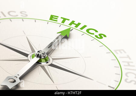 Kompass mit Nadel zeigt das Wort Ethik. Konzeptionelle 3d Darstellung der geschäftlicher Integrität und moral Stockfoto