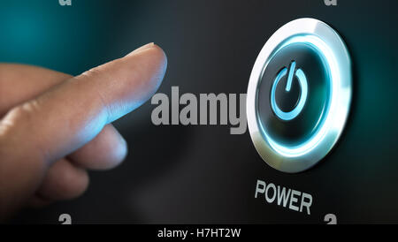 Finger, eine Power-Taste drücken. Hardware-Geräte-Konzept. Verbund zwischen einem Bild und einem 3D Hintergrund Stockfoto
