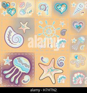 Marine Vektor Musterdesign. Wellen, Krabbe, Rad, Anker, Sterne, Herzen. Stock Vektor