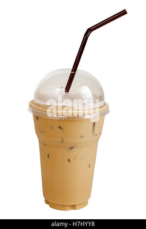 Espresso, Iced Coffee mit Strohhalmen aus Kunststoff klare Tasse. Isoliert auf weiss mit Pfaden arbeiten Stockfoto