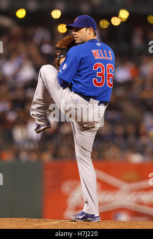 August 2011; San Francisco, CA, USA; Chicago Cubs Starting Pitcher Randy Wells (36) spielt im dritten Inning im AT&T Park gegen die San Francisco Giants. Chicago besiegte San Francisco mit 7:0. Stockfoto