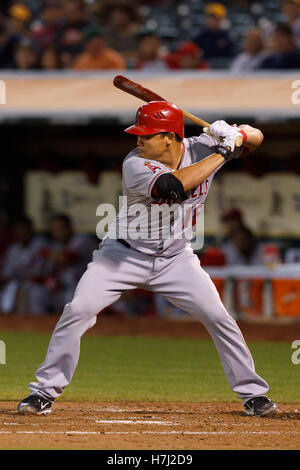 September 2011; Oakland, CA, USA; Hank Conger (16), der im dritten Inning im O.Co Coliseum gegen die Oakland Athletics kämpfte. Los Angeles besiegte Oakland mit 6:3. Stockfoto