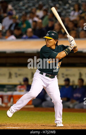 20. September 2011; Oakland, Kalifornien, USA;  Oakland Athletics Designated Hitter Hideki Matsui (55) an bat gegen die Texas Rangers während der sechsten Inning O.co Coliseum.  Texas besiegten Oakland 7-2. Stockfoto