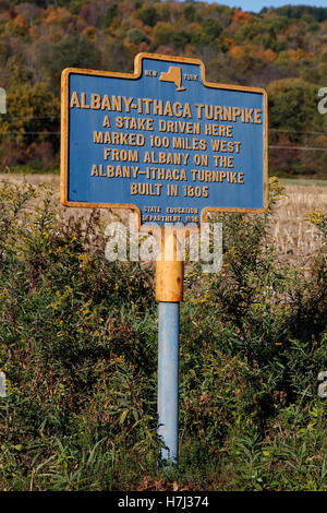 ALBANY-ITHACA TURNPIKE EIN Pfahl, der hier gefahren wurde, markierte 100 Meilen westlich von Albany auf dem Albany-Ithaca Turnpike Stockfoto