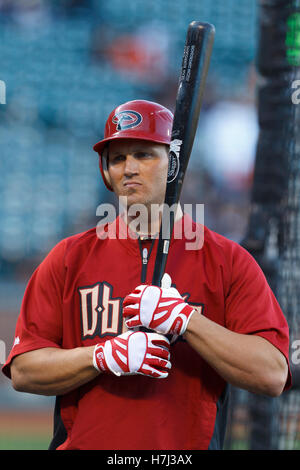 1. August 2011; San Francisco, CA, USA;  Arizona-Diamantmarkierungen Dritter Basisspieler Sean Burroughs (21) während der Wimper Praxis vor dem Spiel gegen die San Francisco Giants im AT&T Park. Arizona besiegt San Francisco 5-2. Stockfoto
