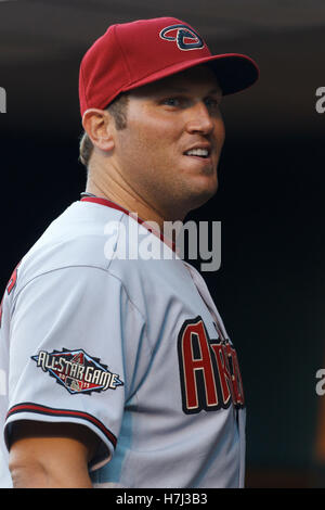 1. August 2011; San Francisco, CA, USA;  Arizona-Diamantmarkierungen Dritter Basisspieler Sean Burroughs (21) steht auf der Trainerbank im ersten Inning gegen die San Francisco Giants im AT&T Park. Arizona besiegt San Francisco 5-2. Stockfoto