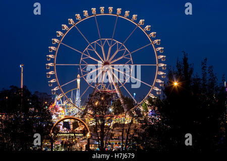 Riesenrad auf das Cannstatter Volksfest in der Nacht, Amusement rides, Cannstatter Volksfest, Stuttgart, Baden-Württemberg Stockfoto