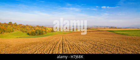Landschaft mit Wiesen und bunten Bäumen im Herbst Stockfoto