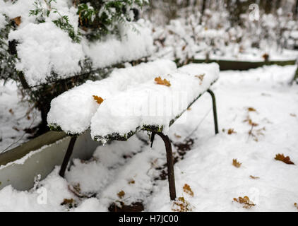 Bank im späten Herbst Park unter frühen Schnee Stockfoto