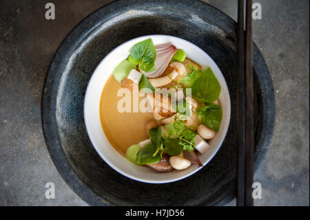 Wilde Pilzsalat mit Miso und Zitronengras-Püree und verkohlten Schalotten bei der gemeinsamen Tiger in Phnom Penh. Stockfoto