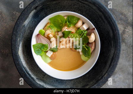 Wilde Pilzsalat mit Miso und Zitronengras-Püree und verkohlten Schalotten bei der gemeinsamen Tiger in Phnom Penh. Stockfoto