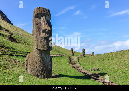 Moai Statuen in Vulkans Rano Raraku in Osterinsel, Chile Stockfoto