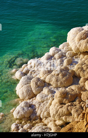 Salzablagerungen auf die felsige Küste des Toten Meeres, Jordanien Stockfoto