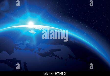 Sonne über dem blauen Planetenerde anheben. Vektor-Illustration. Stock Vektor