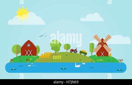 Flache Land-Vektor-Illustration mit Scheune, Windmühle, Traktor, Feld von Sonnenblumen und Mais, Fluss. Verschiedene flache ico Stock Vektor