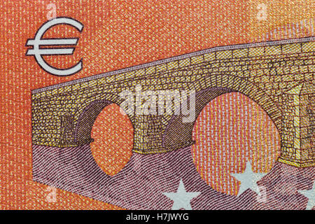 10 Euro Banknote Fragment mit Euro-Symbol Closeup, Rückseite Stockfoto