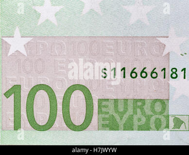 100 Euro Banknote Fragment Closeup, Rückseite Stockfoto