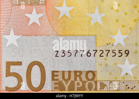 50 Euro Banknote Fragment Closeup, Rückseite Stockfoto