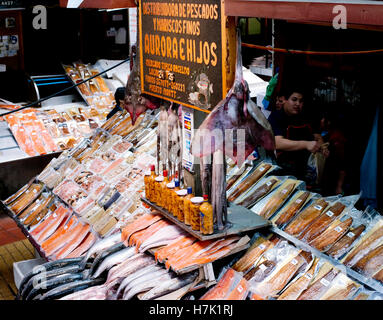 Vielfalt der frischen & getrockneten Fisch und Meeresfrüchte im Angelmo Fish Market, Puerto Montt, Chile Stockfoto