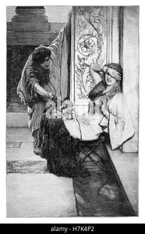 1884 schwarz-weiß Gravur des Gemäldes schüchtern von Sir Lawrence Tadema Stockfoto