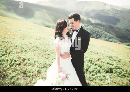 Schöne wunderschöne Braut posiert um zu pflegen und Spaß, Luxus-Zeremonie am Berge mit Aussicht, Platz für Text, Hochzeit paar Stockfoto