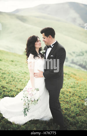 Schöne wunderschöne Braut posiert um zu pflegen und Spaß, Luxus-Zeremonie am Berge mit Aussicht, Platz für Text, Hochzeit paar Stockfoto