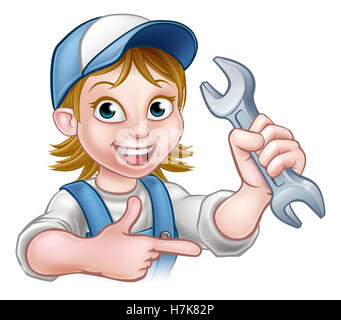 Ein Klempner oder Mechaniker Handwerker Cartoon-Figur hält einen Schraubenschlüssel und zeigen Stockfoto